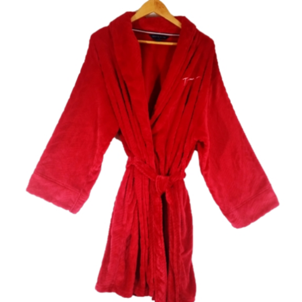 Tommy Hilfiger Plush Knee Length Robe Velour Red Size L/XL